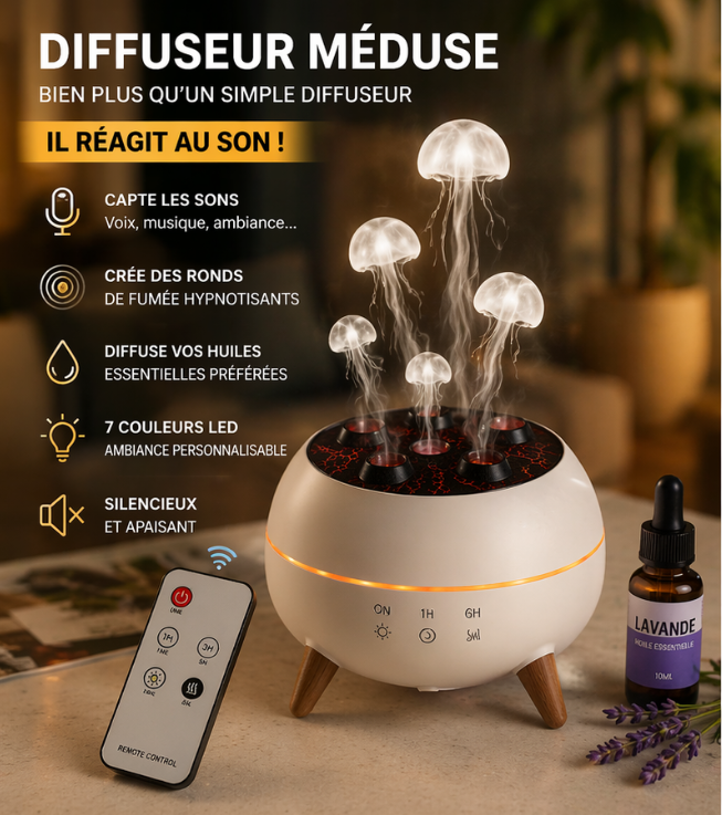 Diffuseur Méduse LED – Fumée Réactive au Son, 7 Couleurs