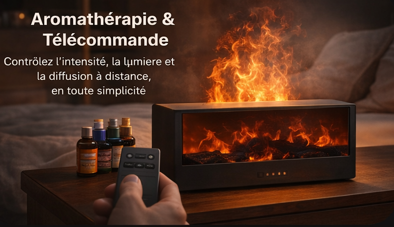 Diffuseur Cheminée Aromathérapie – Flamme LED 7 Couleurs, Ultrasonique & Télécommande